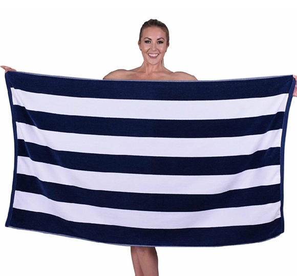 Beach Towel Navy Blue Cabana Stripes 100% Cotton - Picture 1 of 4